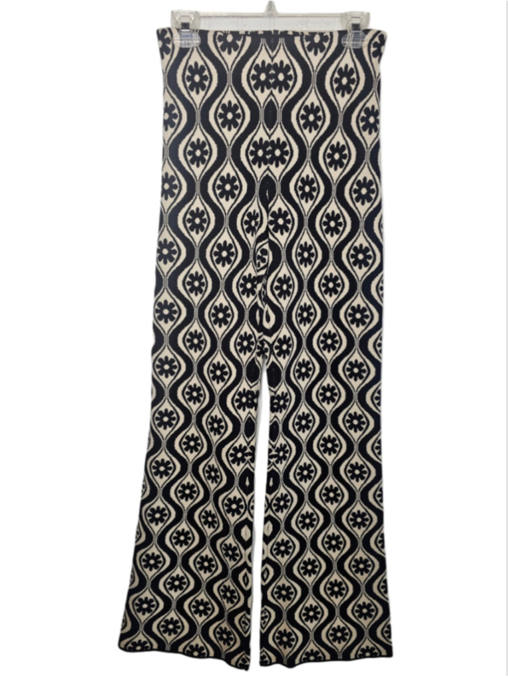 Finders Keepers Quinn Knit Pants Small US 4 Black Cream Retro Floral Flare NWT
